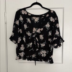 Floral Black Blouse cinched for a cropped look